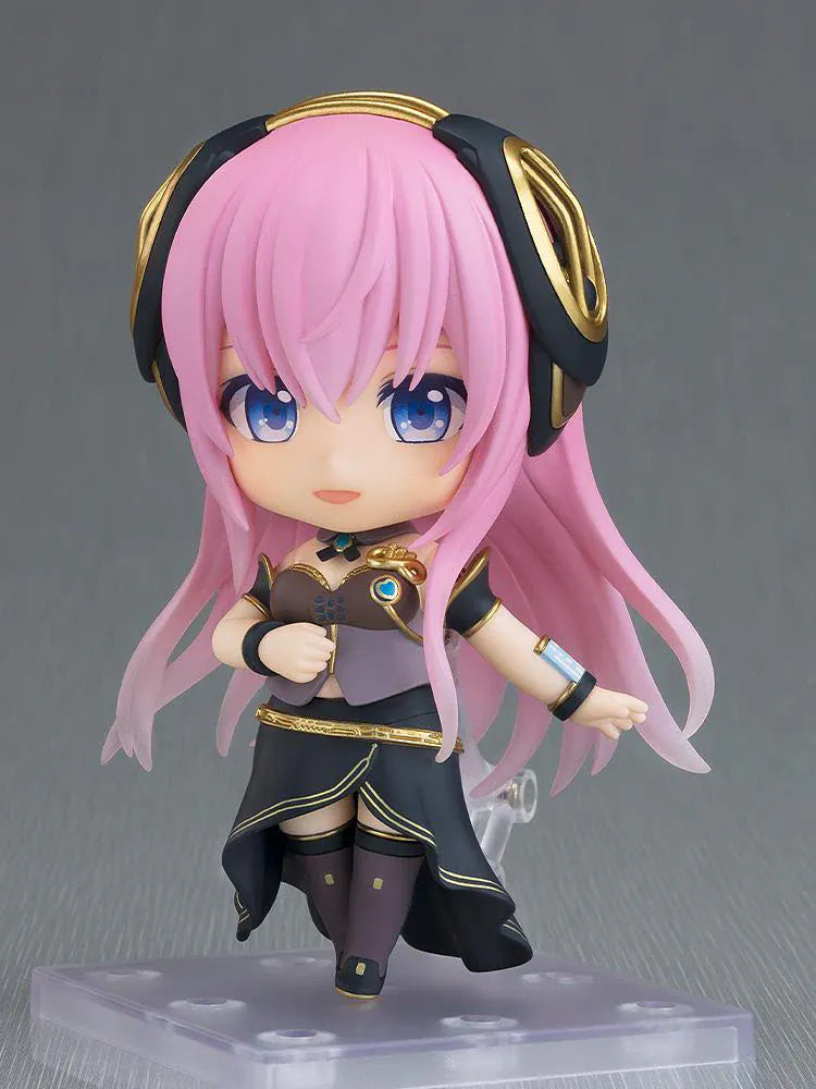 Hatsune Miku Nendoroid Megurine Luka V4X Figure with pink hair, headset, blue eyes, and black and gold Vocaloid outfit