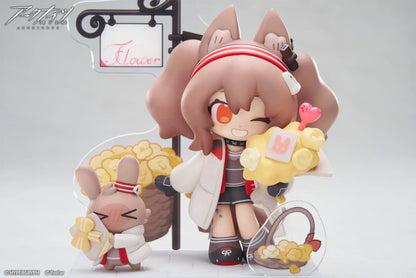 Arknights Cuties Series Angelina Chibi Figure with bunny companion, flower bouquet, baskets, and flower shop display accessories