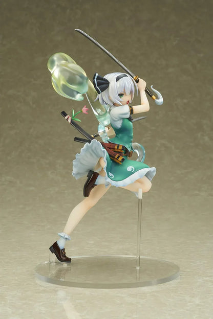Touhou Project Youmu Konpaku figure wielding two swords in an airborne pose, wearing a green outfit with a translucent swirling spirit effect.