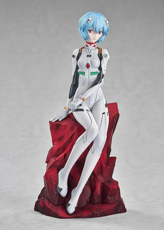Rebuild of Evangelion Rei Ayanami 1/7 scale figure seated on red battle-style base in white plugsuit
