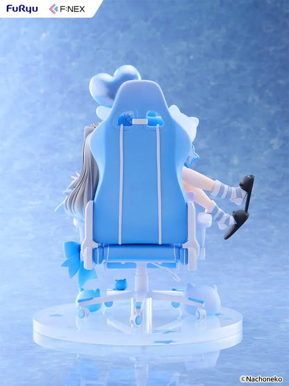 Nachoneko Birthday Ver. 1/7 Scale Figure by FuRyu F featuring a silver-haired cat girl with a golden crown relaxing in a blue gaming chair decorated with balloons, ribbons, and cat accessories.