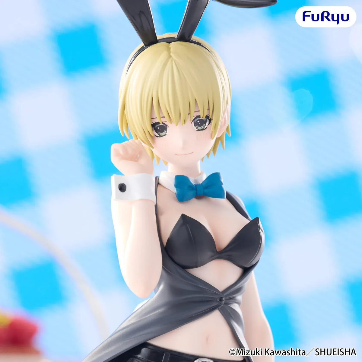 Strawberry 100% BiCute Bunnies Tsukasa Nishino figure wearing a black bunny outfit, blue bow tie, and fishnet stockings.