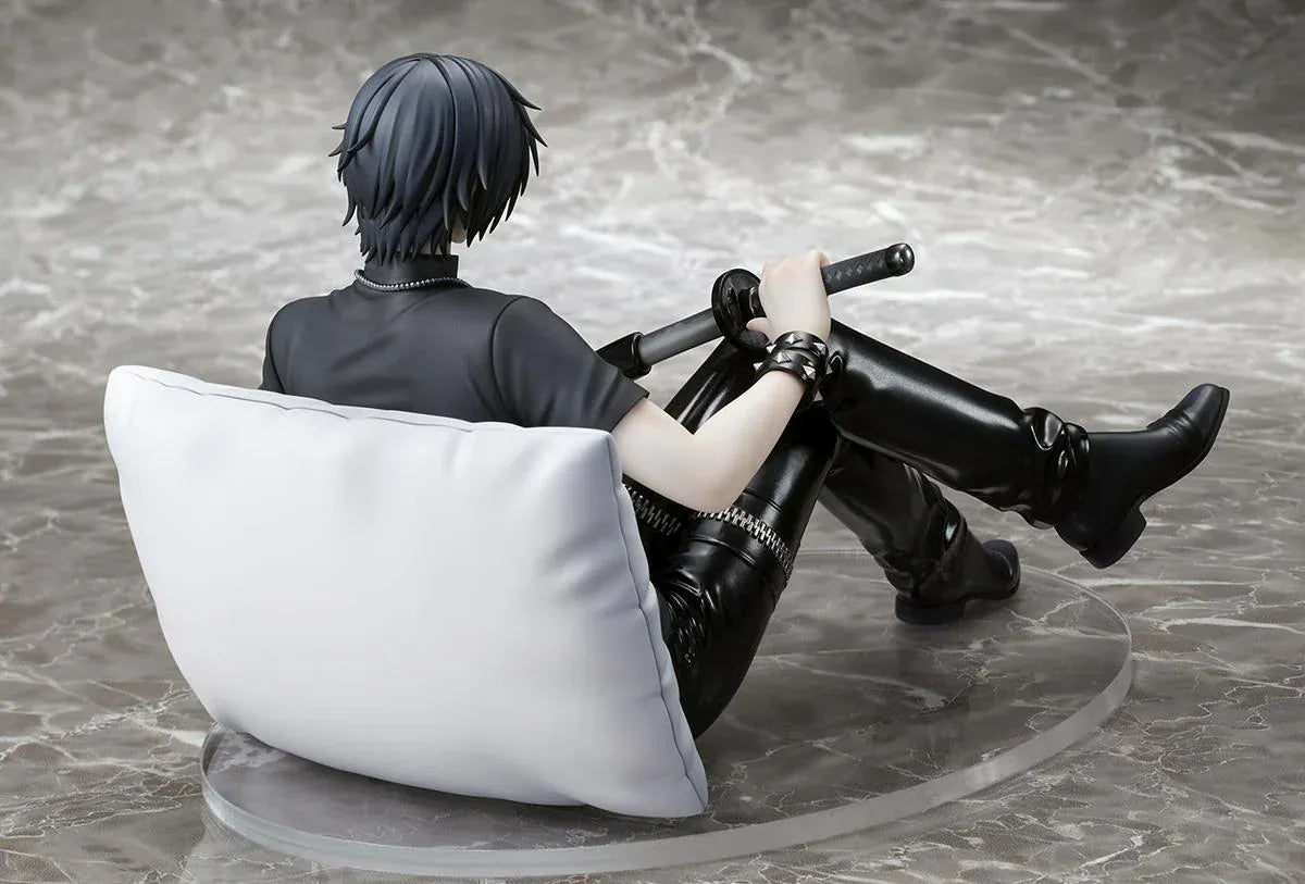 Shiki 1/7 scale figure from Togainu no Chi sitting with sword wearing black outfit on cushion base