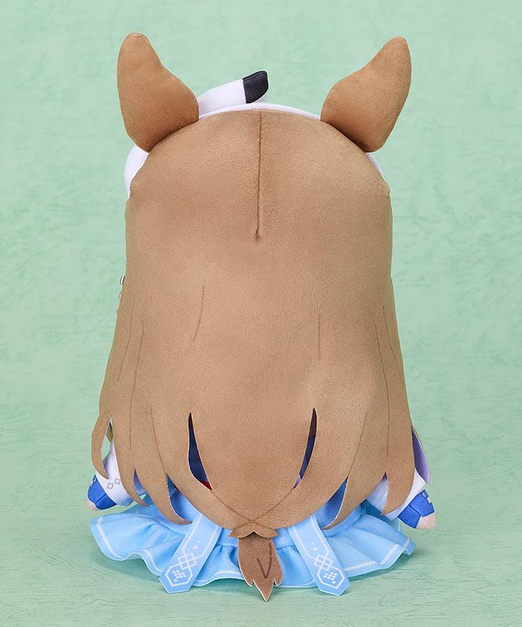 Almond Eye Kuripan plushie with brown hair, horse ears, starry blue eyes, a white head bow, and a blue-and-white outfit with a red waist bow.