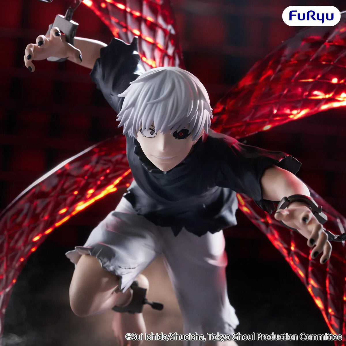 Ken Kaneki Muchute figure charging forward with white hair, an exposed ghoul eye, and four translucent red kagune surrounding him.