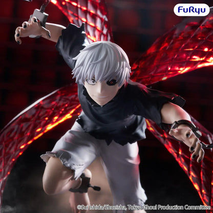 Ken Kaneki Muchute figure charging forward with white hair, an exposed ghoul eye, and four translucent red kagune surrounding him.