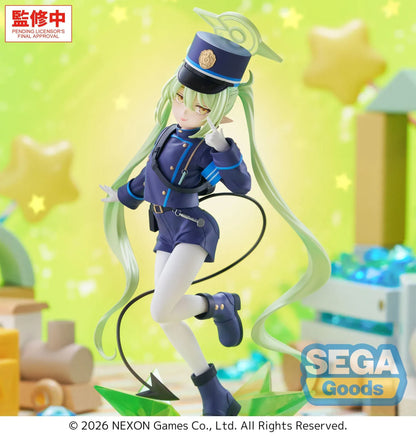 Blue Archive XStellar Nozomi Figure with green hair, uniform outfit, hat, and green crystal-style display base