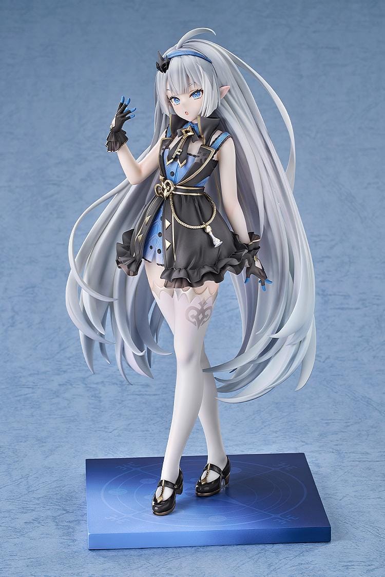 Stella Sora female Tyrant 1/7 scale figure with long silver-blue hair, a black-and-blue ruffled outfit, white stockings, and a blue display base.