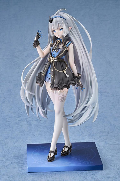 Stella Sora female Tyrant 1/7 scale figure with long silver-blue hair, a black-and-blue ruffled outfit, white stockings, and a blue display base.