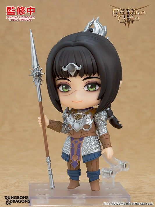 Baldur's Gate III Nendoroid Shadowheart figure wearing detailed cleric armor while holding a spear and the Astral Prism accessory