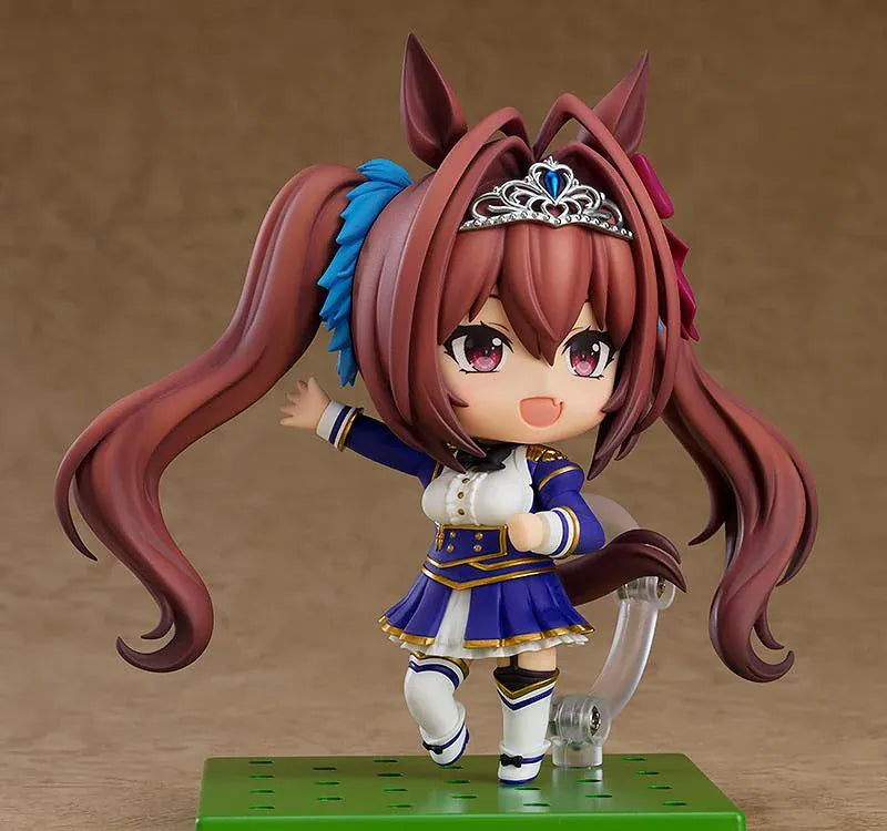 Umamusume Pretty Derby Nendoroid Daiwa Scarlet figure featuring twin-tail hair, horse ears, tiara, and blue white and gold outfit