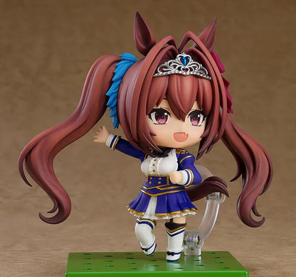 Umamusume Pretty Derby Nendoroid Daiwa Scarlet figure featuring twin-tail hair, horse ears, tiara, and blue white and gold outfit