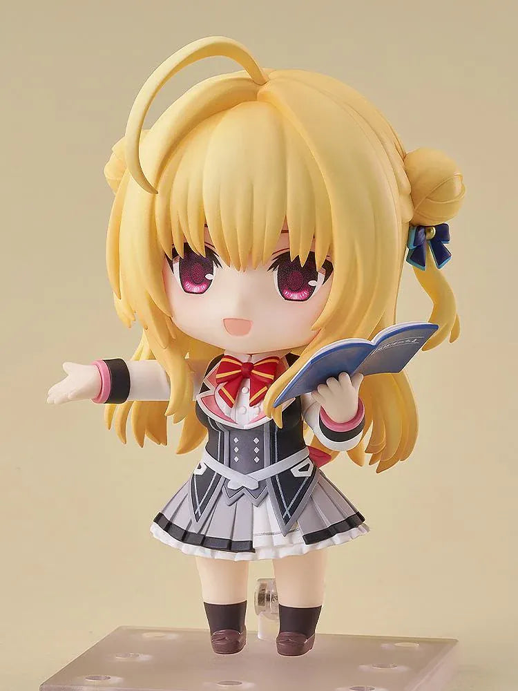 Hamidashi Creative Nendoroid Hiyori Izumi figure with blonde twin buns, pink eyes, navy ribbons, and a detailed school uniform.