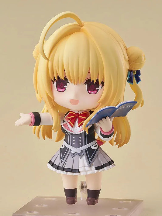 Hamidashi Creative Nendoroid Hiyori Izumi figure with blonde twin buns, pink eyes, navy ribbons, and a detailed school uniform.