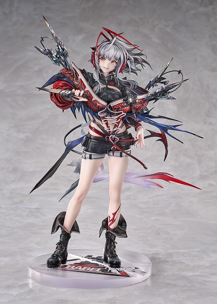 Arknights Wiš'adel 1/7 scale figure with silver-gray hair, red horns, a red-and-black outfit, angular weapon details, and a circular base.