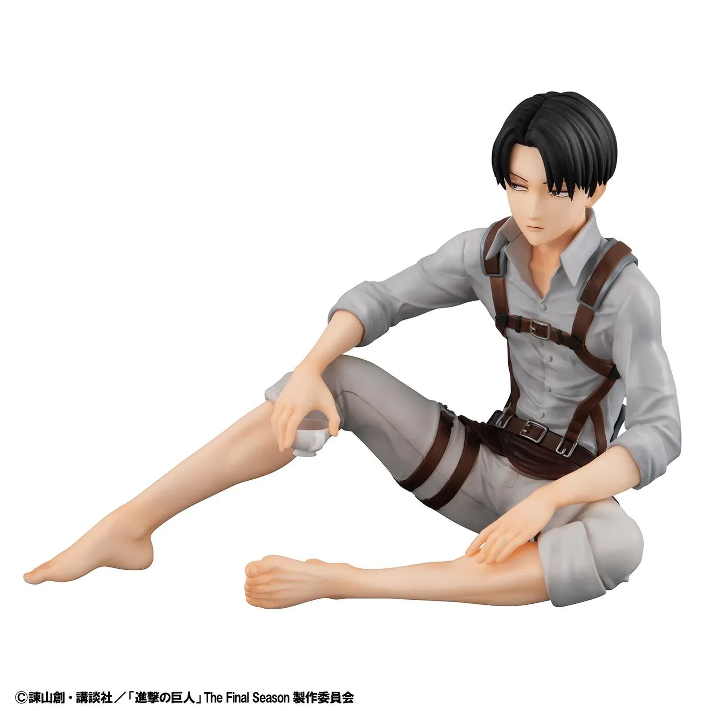 Attack on Titan G.E.M. Series Levi Tenohira Figure seated with short black hair, harness outfit, and serious expression