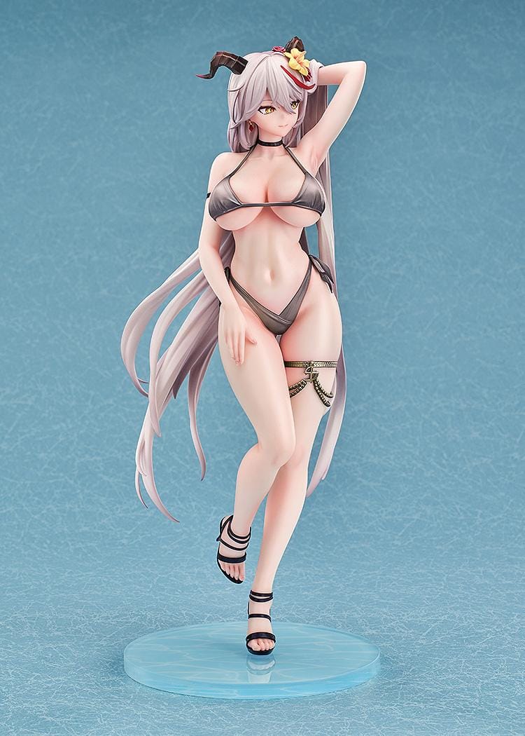 Azur Lane Agir Nightpool 1/6 Scale Figure featuring Agir with long silver hair, horn details, floral accessories, dark swimwear, and a water-inspired display base.