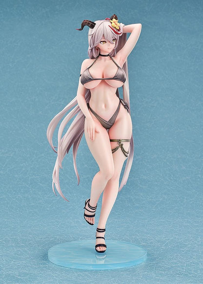 Azur Lane Agir Nightpool 1/6 Scale Figure featuring Agir with long silver hair, horn details, floral accessories, dark swimwear, and a water-inspired display base.