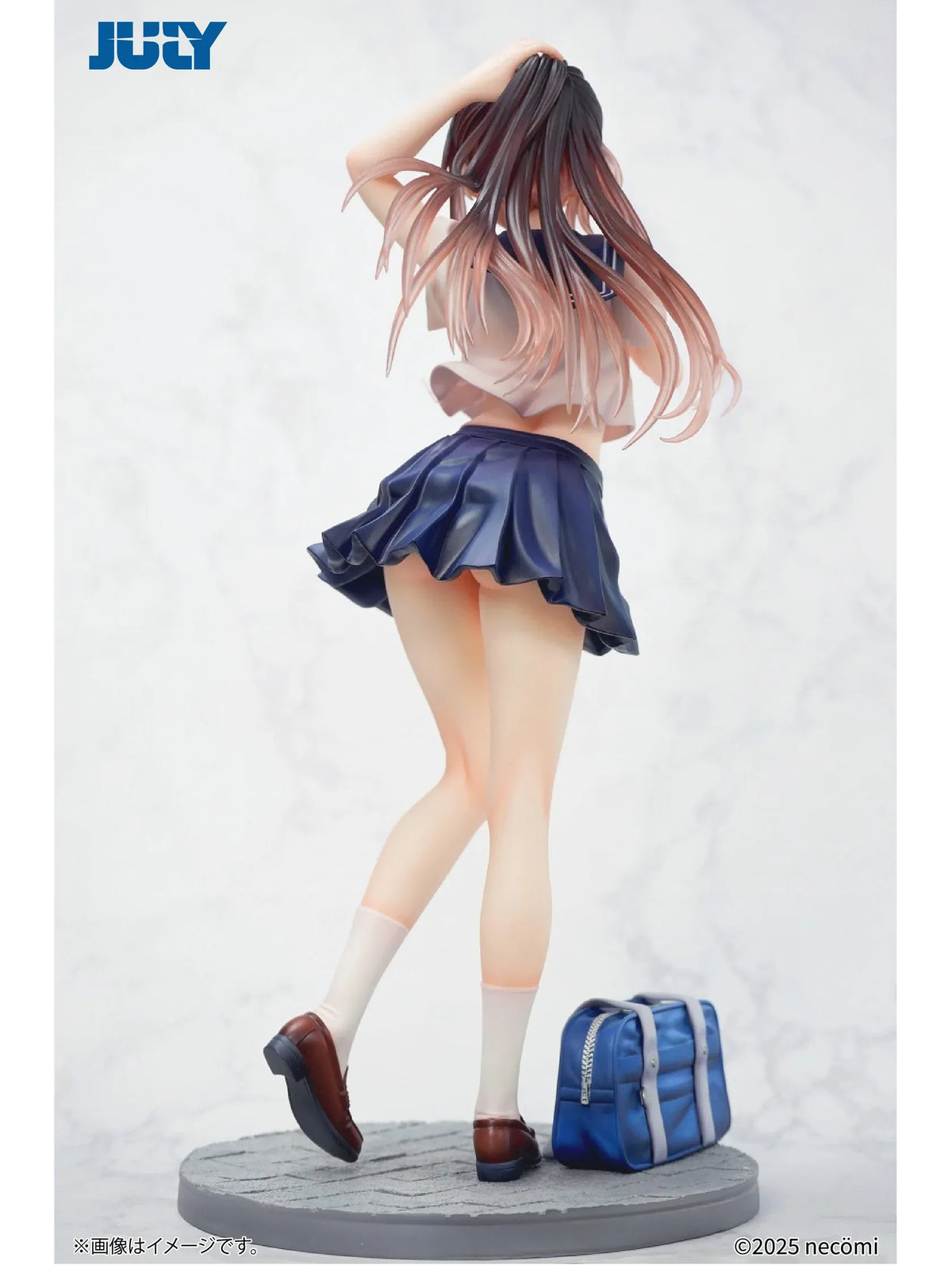 Summer Girl 1/6 Scale Figure featuring a brown-haired anime girl with purple eyes, a white sailor-style top, red necktie, navy-blue pleated skirt, and blue school bag.