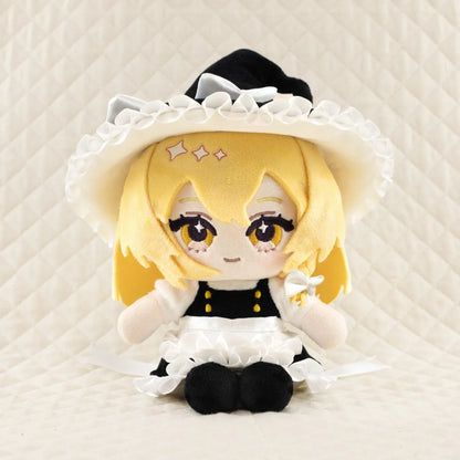 Touhou Project Chai Chara Project Kirisame Marisa Plushie featuring blonde hair, embroidered golden eyes, a black and white witch outfit, oversized witch hat with white bow, and a cute seated chibi design.