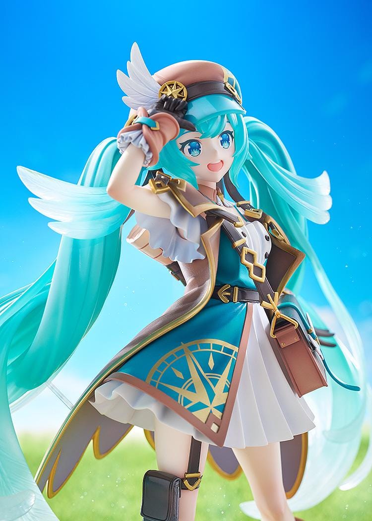 1/7 scale Hatsune Miku 100th Adventure Ver. figure in teal traveler outfit with long twin-tails and compass-style base