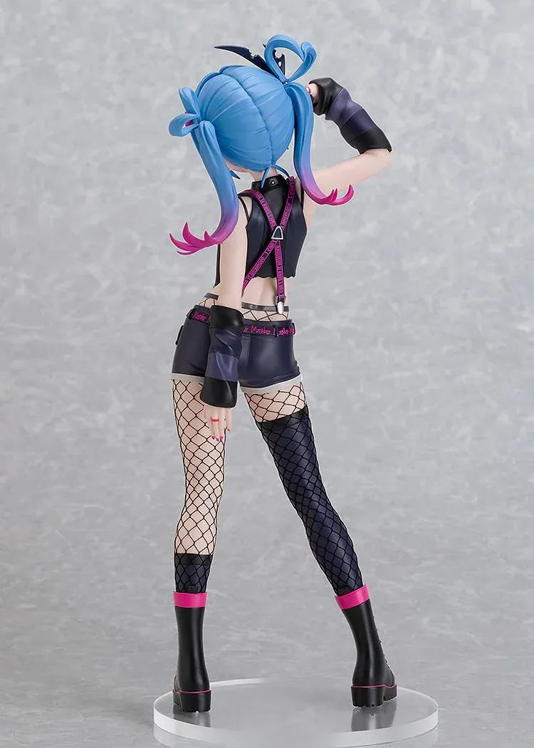 Hatsune Miku DecoMiku Darkness L Size figure with blue and pink twin-tails, a black heart-cutout top, dark shorts, fishnets, and pink-laced boots.