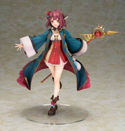 Sophie Neuenmuller figure smiling in a dynamic pose, wearing a teal coat over a red outfit and holding an ornate gold staff with a red orb.