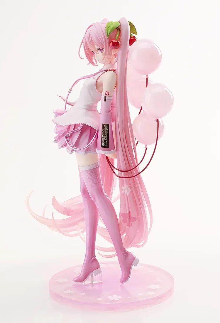 Sakura Miku figure with long pink twin-tails, cherry hair ornaments, a white and pink outfit, pink boots, and translucent balloons on a floral pink base.