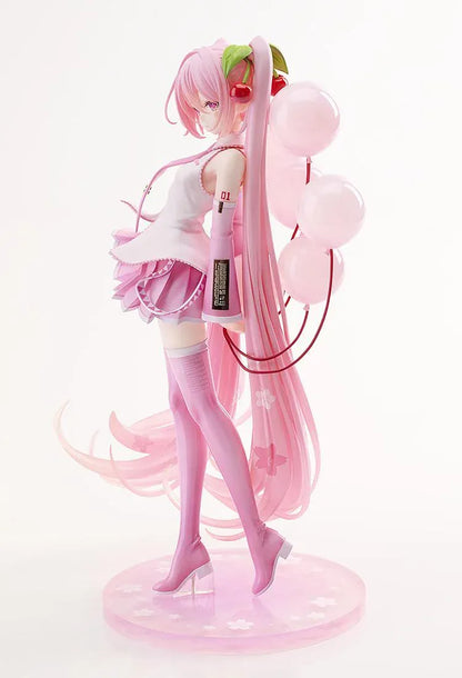 Sakura Miku figure with long pink twin-tails, cherry hair ornaments, a white and pink outfit, pink boots, and translucent balloons on a floral pink base.