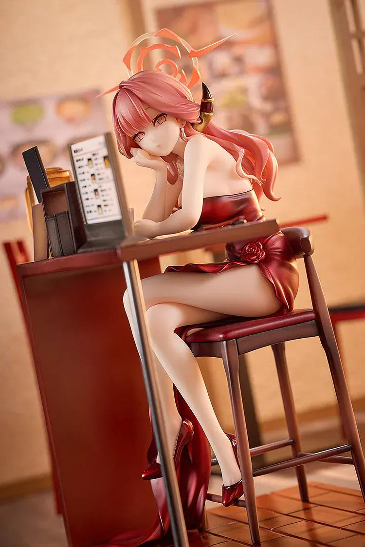Blue Archive Aru Dress Memorial Lobby version 1/7 scale figure seated at bar counter in red dress