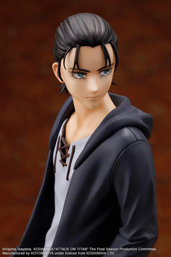 Attack on Titan Oshi Works Eren Yeager The Final Season Ver. Figure featuring Eren with slicked-back hair, dark coat, serious expression, and display base.