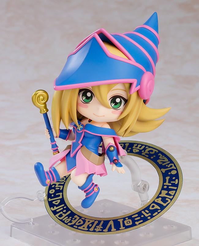 Yu-Gi-Oh! Nendoroid Dark Magician Girl Figure Rerelease with blue and pink magician outfit, oversized hat, staff, and chibi-style design