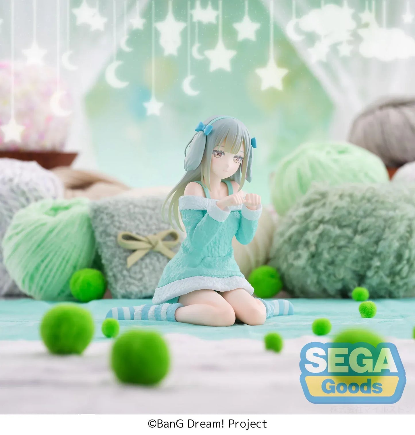 BanG Dream Yumemirize Mutsumi Wakaba Pajama Party Figure wearing mint green pajamas with striped socks
