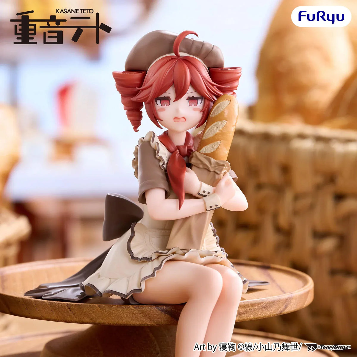 Kasane Teto Baguette Ver. Noodle Stopper figure seated in a brown beret and ruffled cream outfit, hugging a baguette in a paper bag.