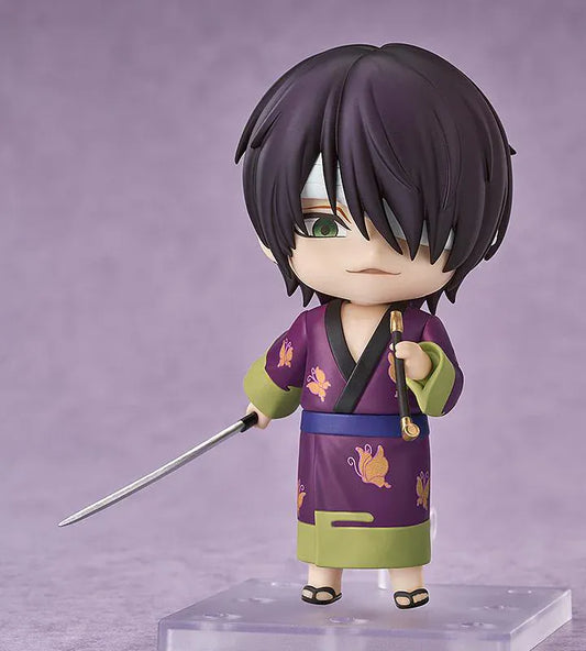 Gintama Nendoroid Shinsuke Takasugi Figure wearing a purple kimono with pipe accessory and bandaged eye detail