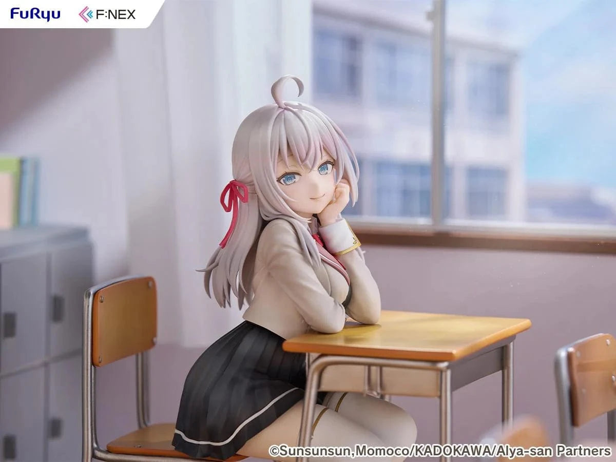 Alya Sometimes Hides Her Feelings in Russian Alya 1/7 Scale Figure by FuRyu F:NEX featuring Alya sitting at a school desk with silver hair and red ribbons