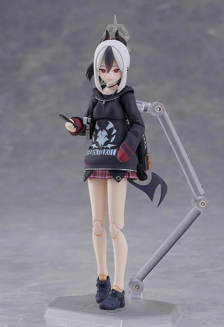 Blue Archive figma Kayoko Onikata Figure with black hoodie, plaid skirt, two-tone hair, halo detail, and tail