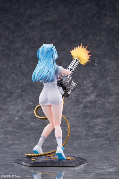 Goddess of Victory Nikke Shifty Illustration Panic Sight Deluxe Ver. 1/7 Scale Figure featuring Shifty with blue hair, tactical outfit, oversized weapon, firing effect, and ammo belt display details.