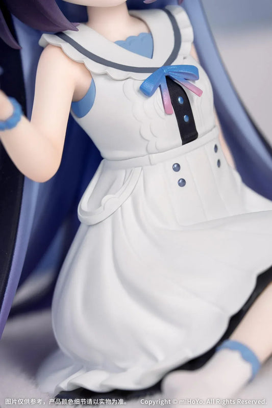 Honkai Impact 3rd Seele Vollerei Herrscher of Rebirth version figure seated with chibi companion and flowing gradient purple blue hair.