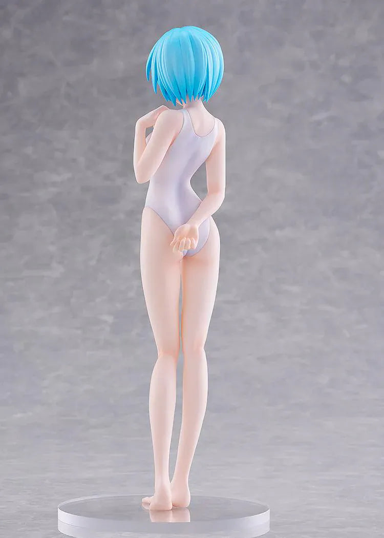 Rebuild of Evangelion POP UP PARADE BEACH QUEENS Rei Ayanami One-Piece Style L Size Figure featuring Rei with short blue hair, red eyes, and a white one-piece swimsuit.