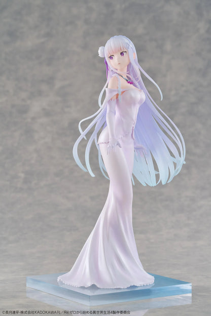 Re Zero Emilia Wedding Dress Ver. 1/7 Scale Figure wearing an elegant flowing white bridal gown with silver hair and floral accessories