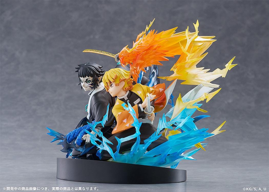 Zenitsu Agatsuma and Kaigaku Demon Slayer figure with lightning effects in dynamic battle pose