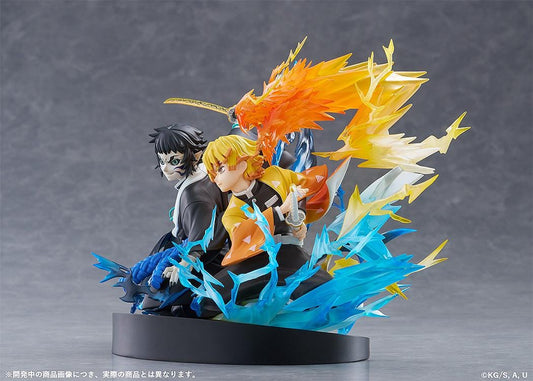 Zenitsu Agatsuma and Kaigaku Demon Slayer figure with lightning effects in dynamic battle pose