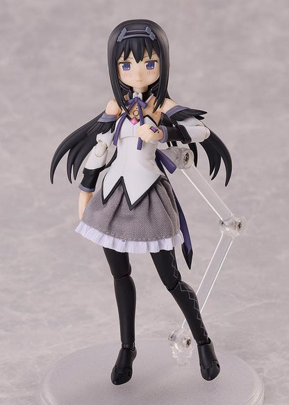 Puella Magi Madoka Magica The Movie Walpurgisnacht Rising BUZZmod. Homura Akemi 1/12 Scale Action Figure featuring long black hair, purple eyes, a white and purple magical girl outfit, fabric skirt, articulated joints, and a circular display base.