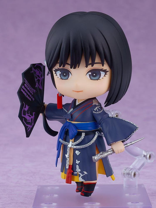 Black Desert Nendoroid Woosa figure wearing a traditional blue outfit and holding a black fan accessory