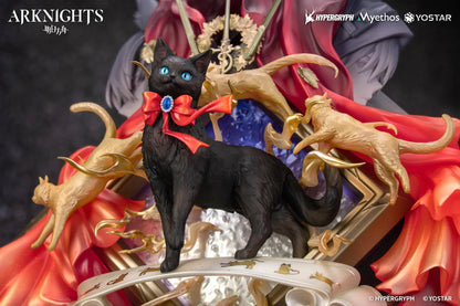 Arknights Miss Christine Elite 2 Ver. Diorama Non-Scale Figure with black cat, red bow, gold accents, theater masks, and red drapery