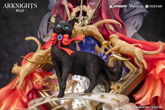 Arknights Miss Christine Elite 2 Ver. Diorama Non-Scale Figure with black cat, red bow, gold accents, theater masks, and red drapery