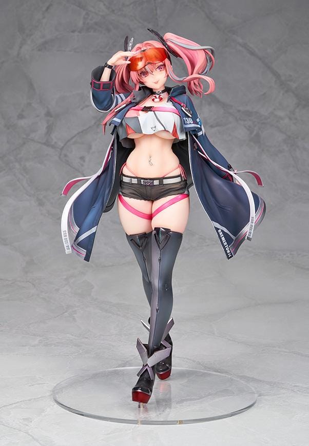 Azur Lane Bremerton 1/7 scale figure with pink twin tails, orange goggles, a navy coat, black shorts, and tall boots in a saluting pose.