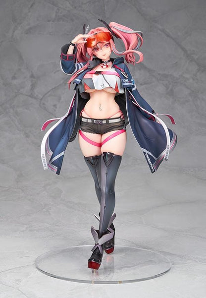 Azur Lane Bremerton 1/7 scale figure with pink twin tails, orange goggles, a navy coat, black shorts, and tall boots in a saluting pose.