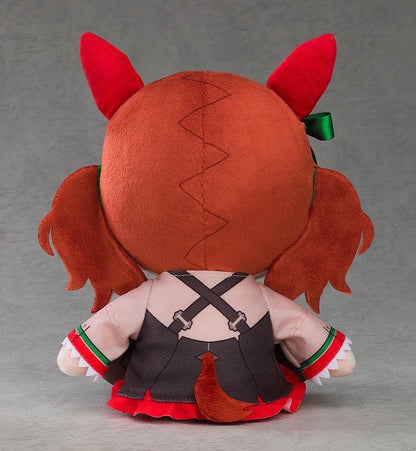 Umamusume Pretty Derby Kuripan Plushie Nice Nature (Rerelease) featuring reddish-brown twin-tails, brown embroidered eyes, red horse ears with green decorations, a green hair ribbon, and a black outfit with red and green accents.